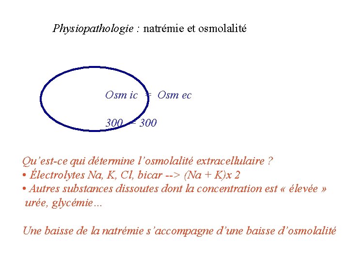 Physiopathologie : natrémie et osmolalité Osm ic = Osm ec 300 = 300 Qu’est-ce
