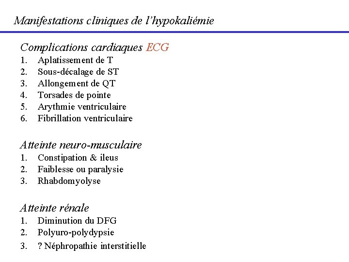 Manifestations cliniques de l’hypokaliémie Complications cardiaques ECG 1. 2. 3. 4. 5. 6. Aplatissement