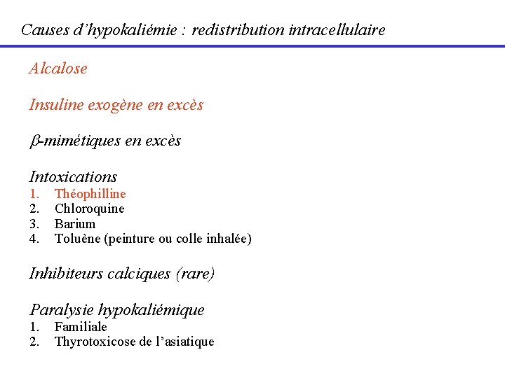 Causes d’hypokaliémie : redistribution intracellulaire Alcalose Insuline exogène en excès b-mimétiques en excès Intoxications