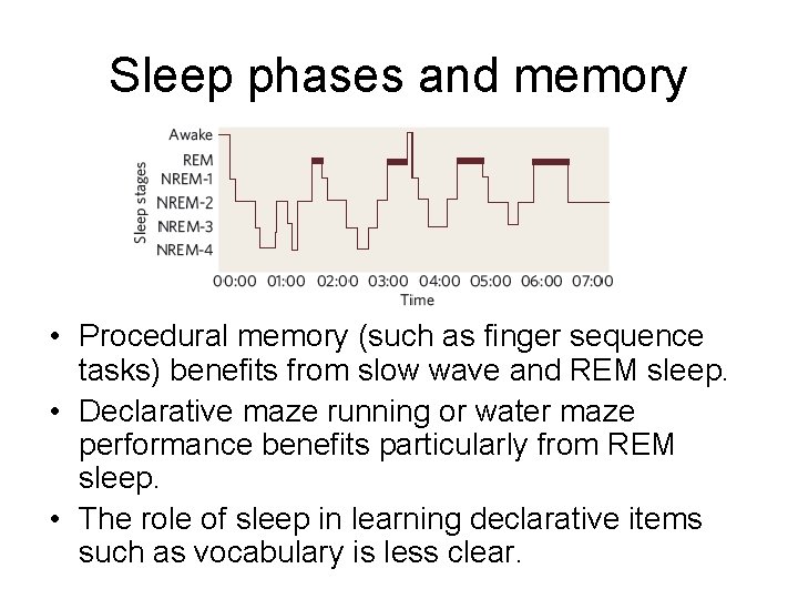 Sleep phases and memory • Procedural memory (such as finger sequence tasks) benefits from