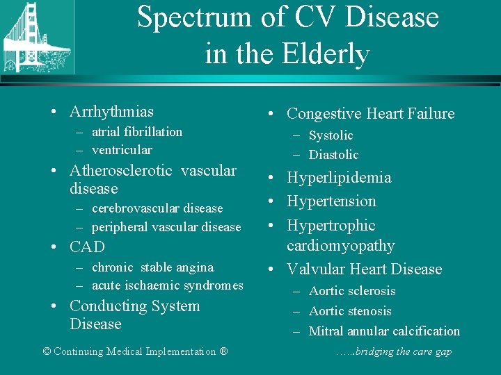 Spectrum of CV Disease in the Elderly • Arrhythmias – atrial fibrillation – ventricular Spectrum of CV Disease in the Elderly • Arrhythmias – atrial fibrillation – ventricular
