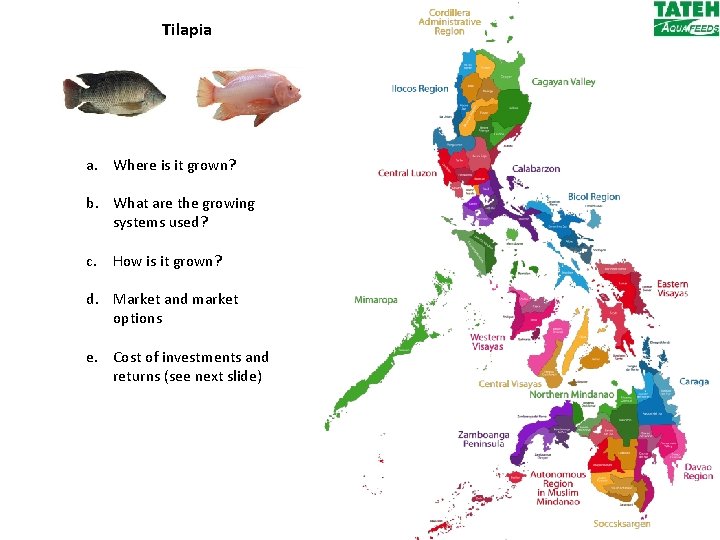 Tilapia a. Where is it grown? b. What are the growing systems used? c.