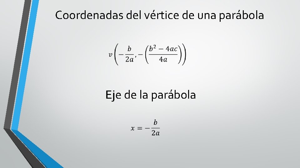 Coordenadas del vértice de una parábola Eje de la parábola 