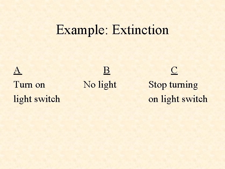 Example: Extinction A Turn on light switch B C No light Stop turning on