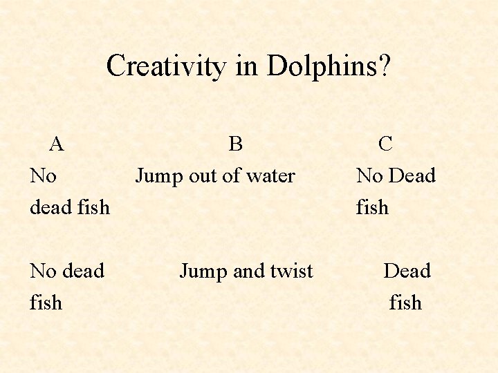 Creativity in Dolphins? A B No Jump out of water dead fish C No