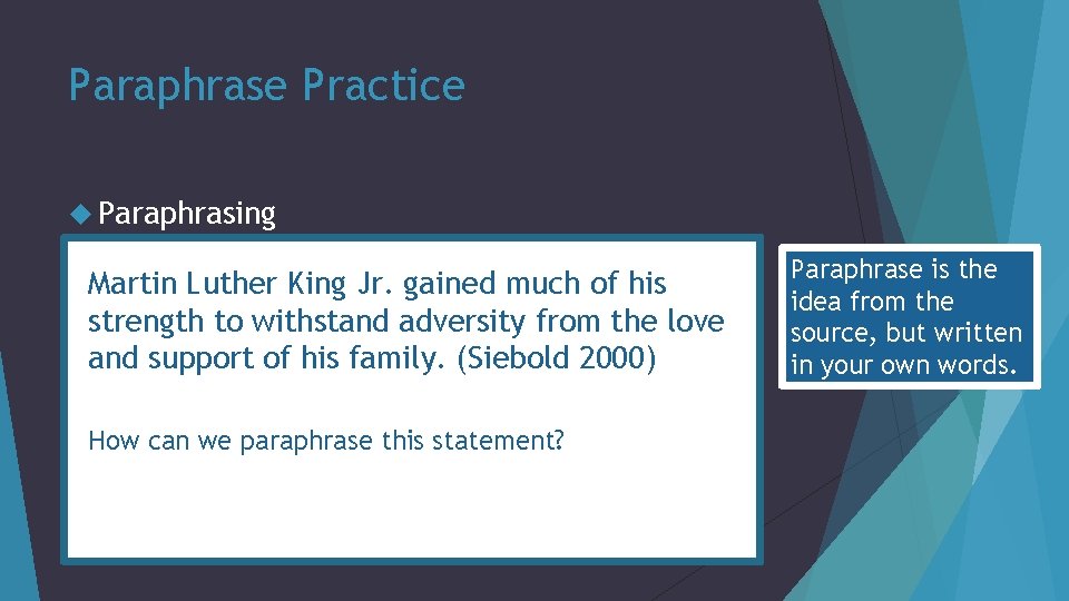 Paraphrase Practice Paraphrasing Martin Luther King Jr. gained much of his strength to withstand