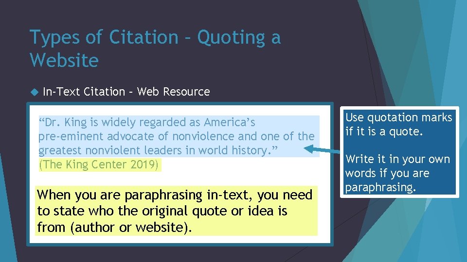 Types of Citation – Quoting a Website In-Text Citation – Web Resource “Dr. King