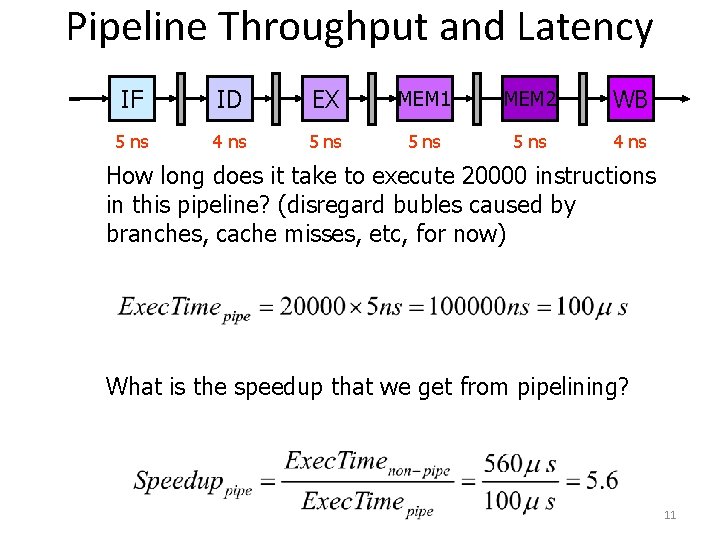 Pipeline Throughput and Latency IF ID EX MEM 1 MEM 2 WB 5 ns