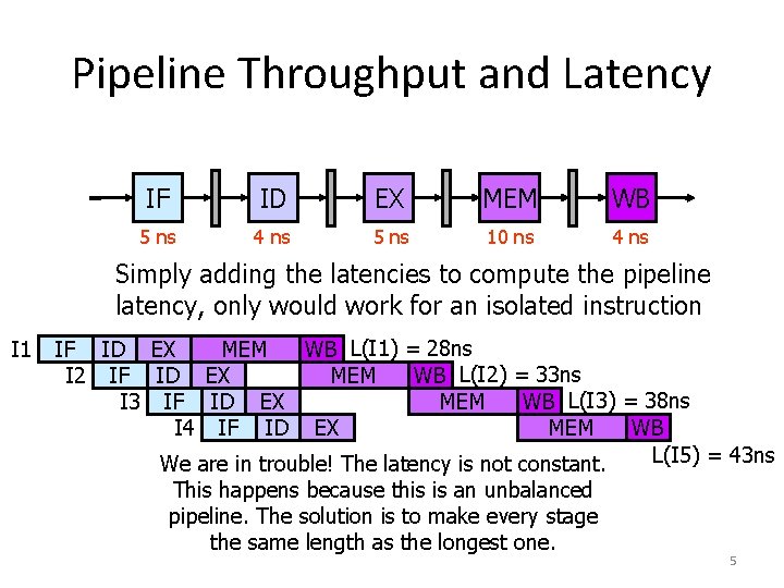 Pipeline Throughput and Latency IF ID EX MEM WB 5 ns 4 ns 5