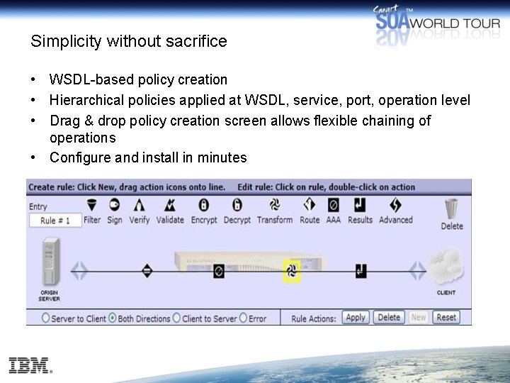 Simplicity without sacrifice • WSDL-based policy creation • Hierarchical policies applied at WSDL, service,
