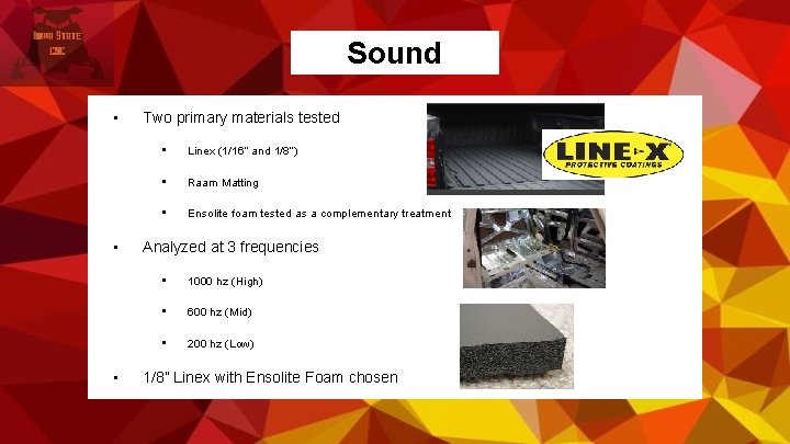 Sound • • • Two primary materials tested • Linex (1/16” and 1/8”) •