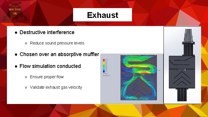 Exhaust ● Destructive interference ○ Reduce sound pressure levels ● Chosen over an absorptive
