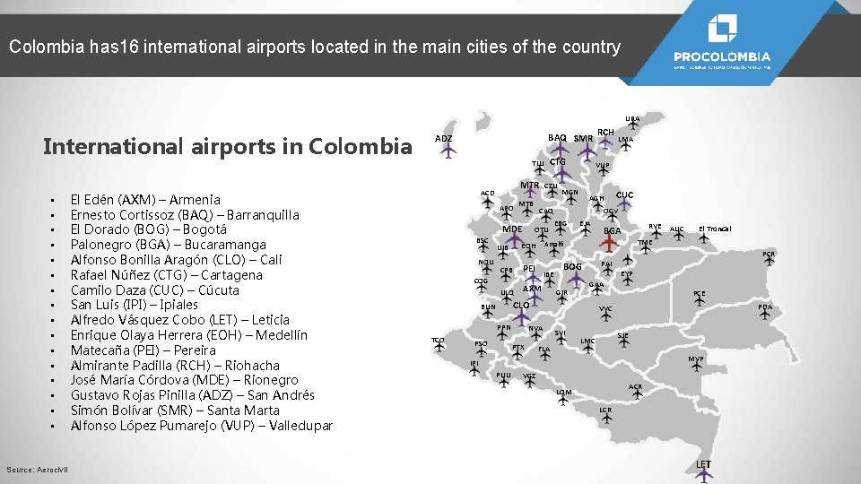 Colombia has 16 international airports located in the main cities of the country URA
