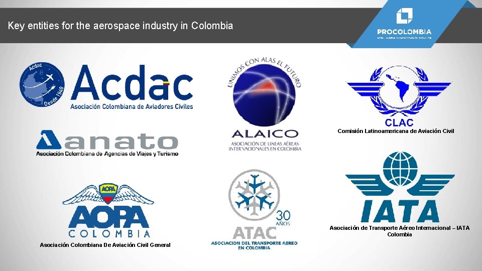 Key entities for the aerospace industry in Colombia Comisión Latinoamericana de Aviación Civil Asociación