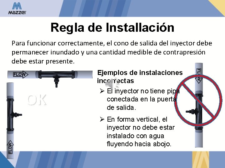 Regla de Installación Para funcionar correctamente, el cono de salida del inyector debe permanecer