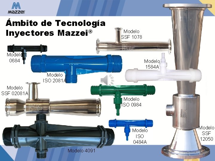 Ámbito de Tecnología Inyectores Mazzei® Modelo SSF 1078 Modelo 0684 Modelo 1584 A Modelo