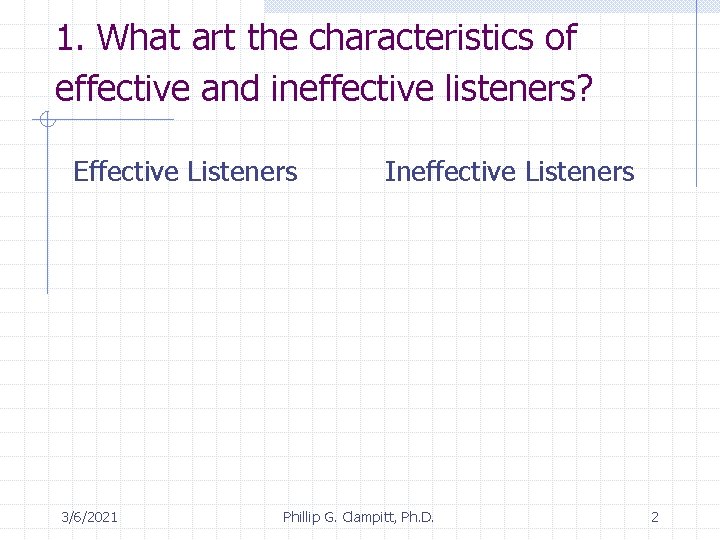 1. What art the characteristics of effective and ineffective listeners? Effective Listeners 3/6/2021 Ineffective