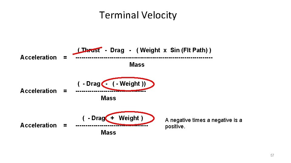 Terminal Velocity Acceleration = ( Thrust - Drag - ( Weight x Sin (Flt