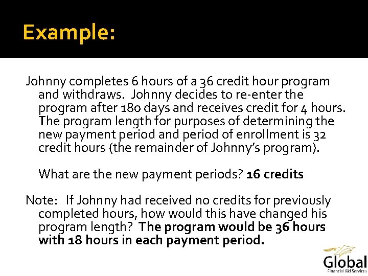 Example: Johnny completes 6 hours of a 36 credit hour program and withdraws. Johnny