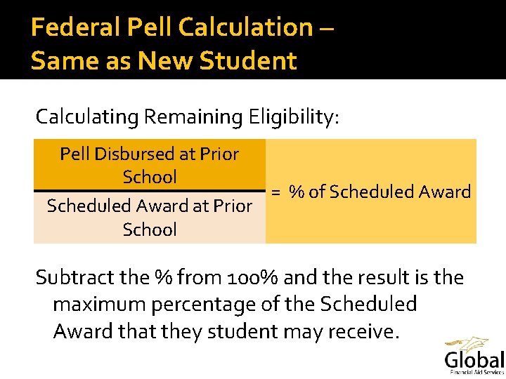 Federal Pell Calculation – Same as New Student Calculating Remaining Eligibility: Pell Disbursed at