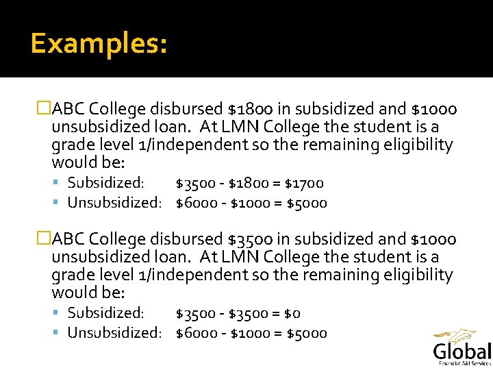 Examples: �ABC College disbursed $1800 in subsidized and $1000 unsubsidized loan. At LMN College