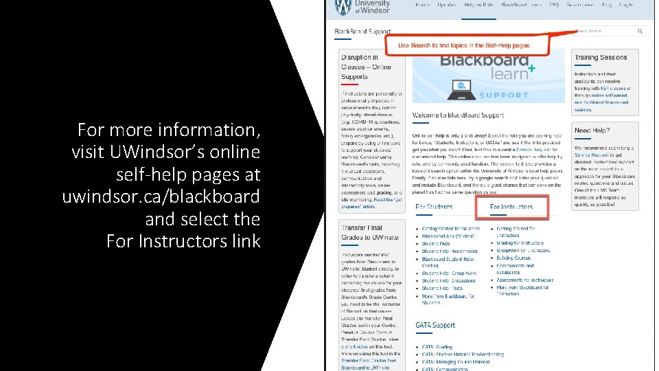 For more information, visit UWindsor’s online self-help pages at uwindsor. ca/blackboard and select the