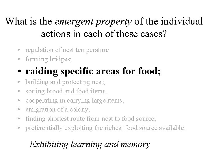 What is the emergent property of the individual actions in each of these cases?