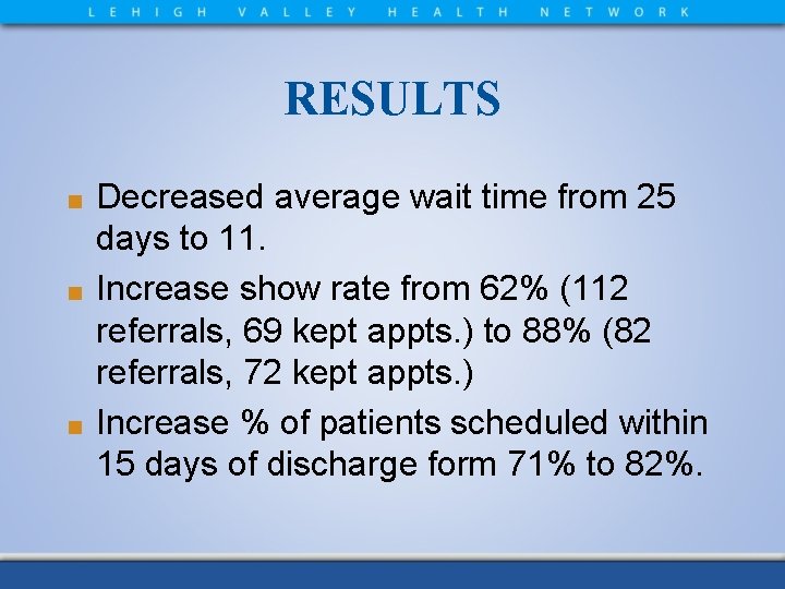 RESULTS Decreased average wait time from 25 days to 11. ■ Increase show rate