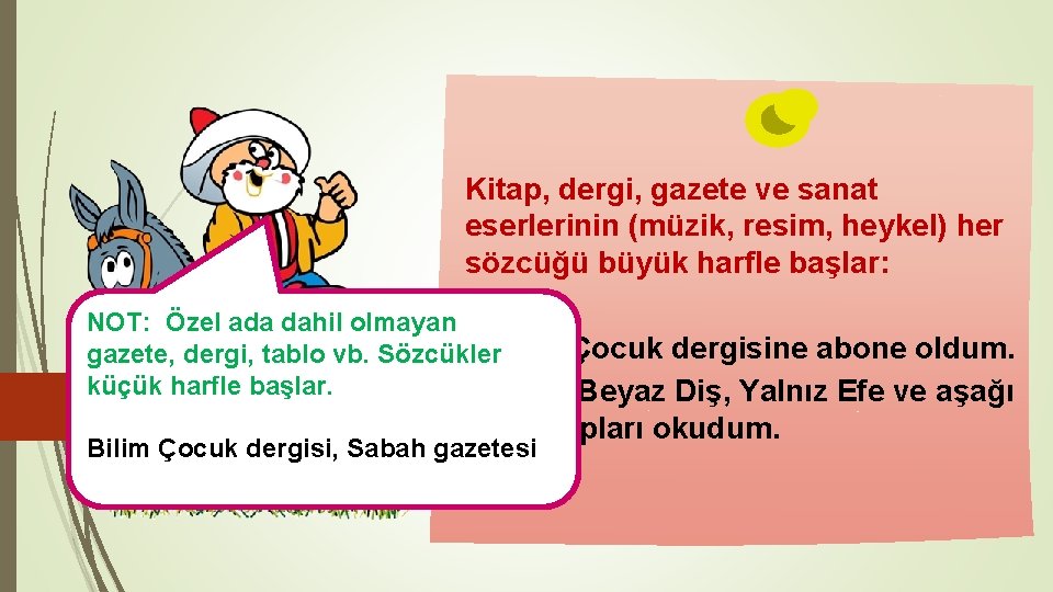 Kitap, dergi, gazete ve sanat eserlerinin (müzik, resim, heykel) her sözcüğü büyük harfle başlar: