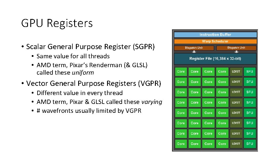 GPU Registers • Scalar General Purpose Register (SGPR) • Same value for all threads