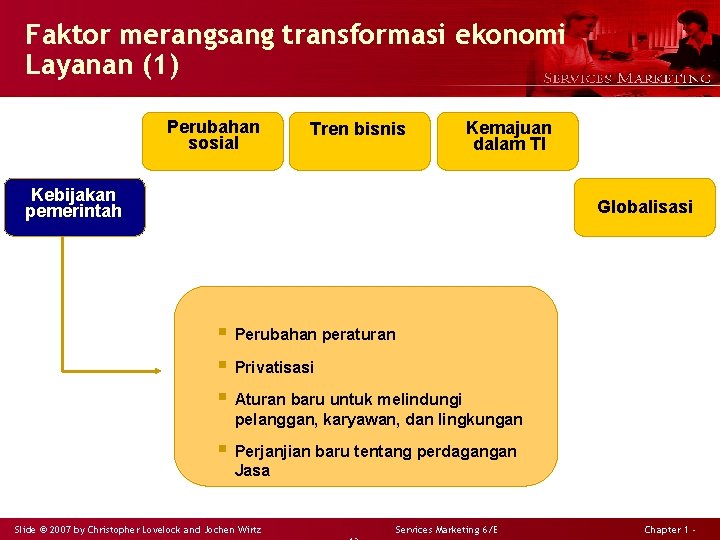 Faktor merangsang transformasi ekonomi Layanan (1) Perubahan sosial Tren bisnis Kemajuan dalam TI Kebijakan