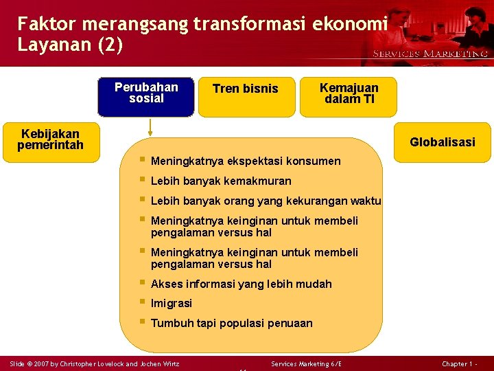 Faktor merangsang transformasi ekonomi Layanan (2) Perubahan sosial Kebijakan pemerintah Tren bisnis Kemajuan dalam