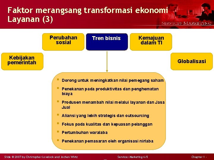 Faktor merangsang transformasi ekonomi Layanan (3) Perubahan sosial Tren bisnis Kemajuan dalam TI Kebijakan