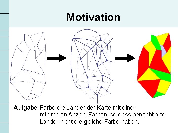 Motivation Aufgabe: Färbe die Länder Karte mit einer minimalen Anzahl Farben, so dass benachbarte