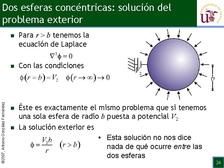 © 2007, Antonio González Fernández Dos esferas concéntricas: solución del problema exterior n Para