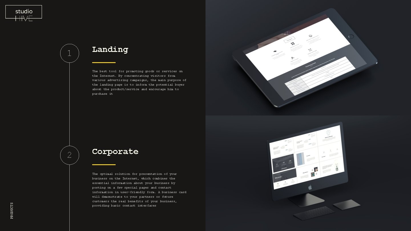 HIVE-STUDIO 1 Landing The best tool for promoting goods or services on the Internet.
