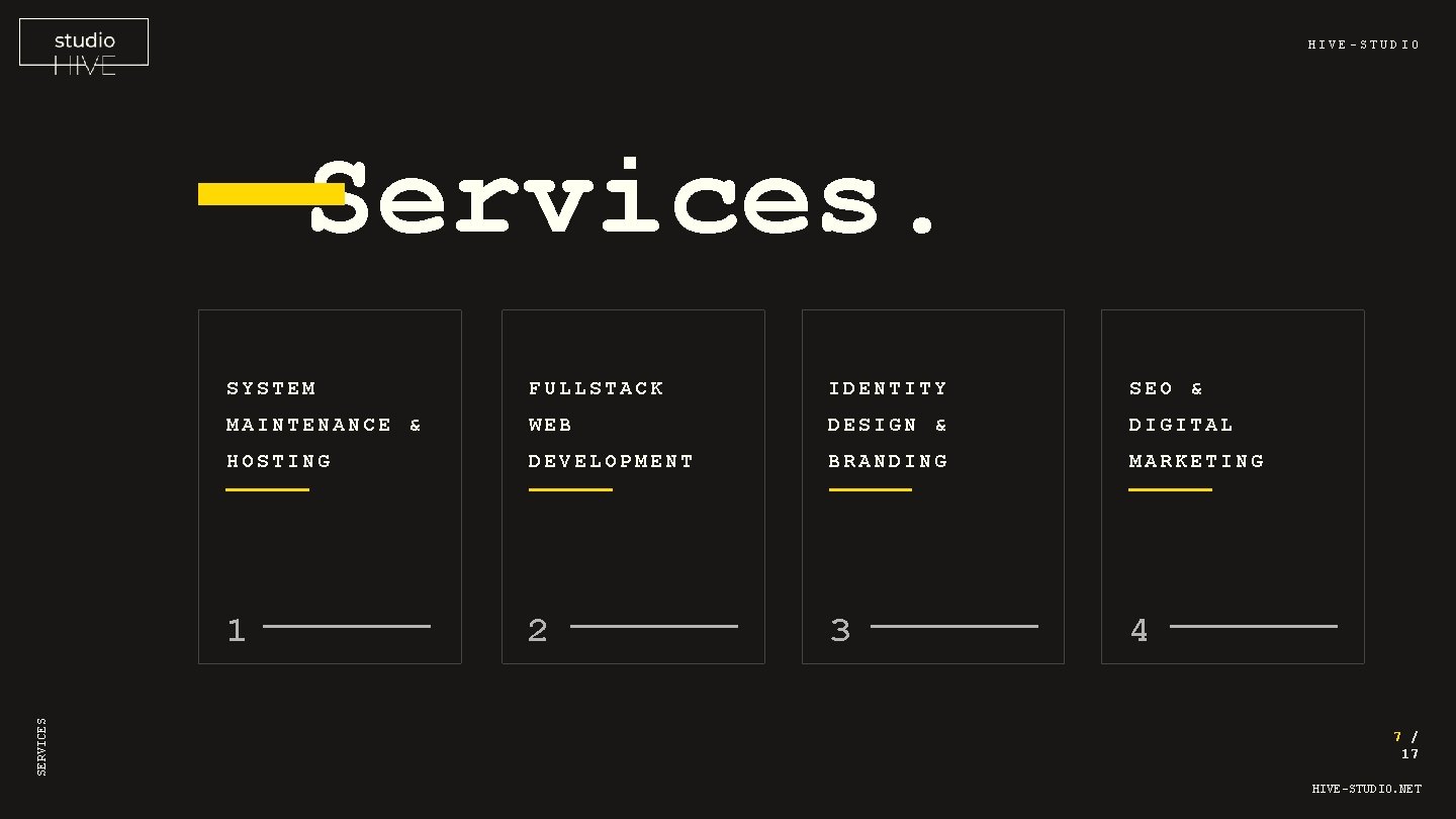 HIVE-STUDIO SERVICES Services. SYSTEM FULLSTACK IDENTITY SEO & MAINTENANCE & WEB DESIGN & DIGITAL
