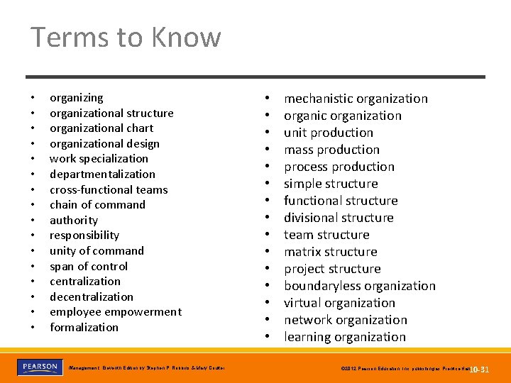 Terms to Know • • • • organizing organizational structure organizational chart organizational design