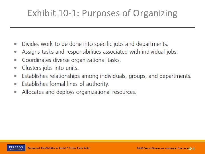 Exhibit 10 -1: Purposes of Organizing Copyright © 2012 Pearson Education, Inc. Publishing as