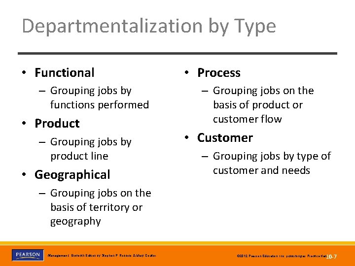 Departmentalization by Type • Functional • Process – Grouping jobs by functions performed •