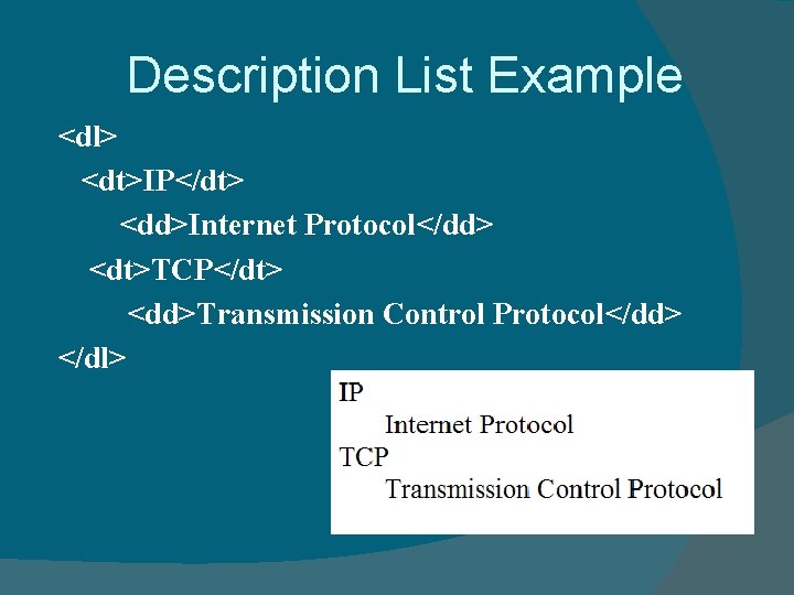 Description List Example <dl> <dt>IP</dt> <dd>Internet Protocol</dd> <dt>TCP</dt> <dd>Transmission Control Protocol</dd> </dl> 