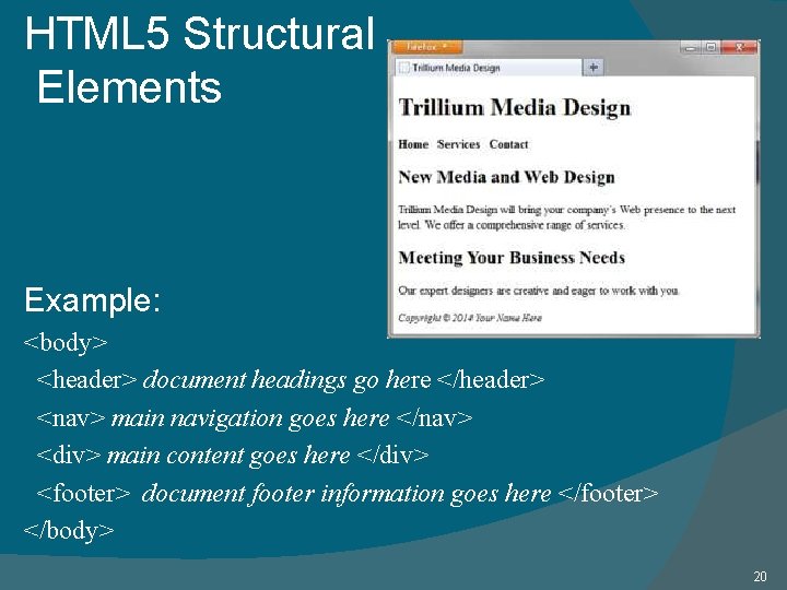 HTML 5 Structural Elements Example: <body> <header> document headings go here </header> <nav> main