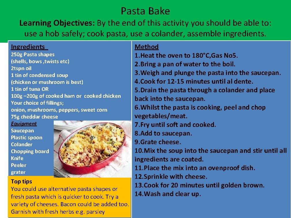 Macaroni Cheese Learning Objectives By the end of