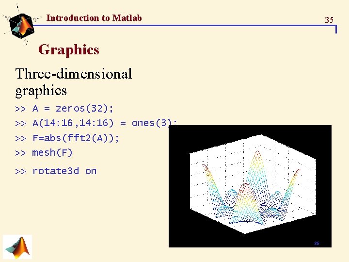 Introduction to Matlab 35 Graphics Three-dimensional graphics >> A = zeros(32); >> A(14: 16, Introduction to Matlab 35 Graphics Three-dimensional graphics >> A = zeros(32); >> A(14: 16,