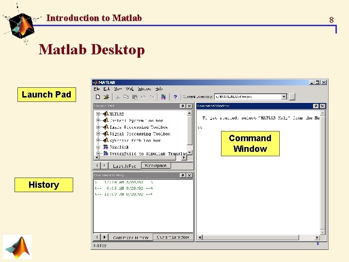 Introduction to Matlab 8 Matlab Desktop Launch Pad Command Window History 8 Introduction to Matlab 8 Matlab Desktop Launch Pad Command Window History 8