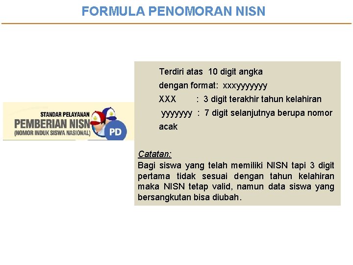 FORMULA PENOMORAN NISN Terdiri atas 10 digit angka dengan format: xxxyyyyyyy XXX : 3