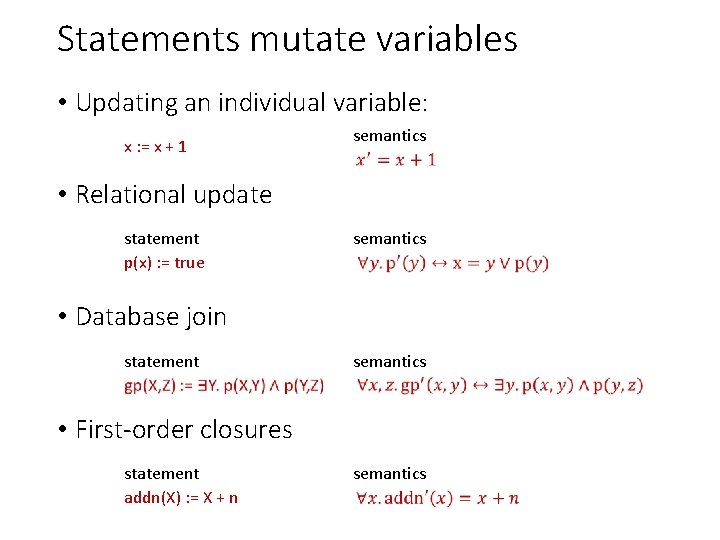 Statements mutate variables • Updating an individual variable: x : = x + 1
