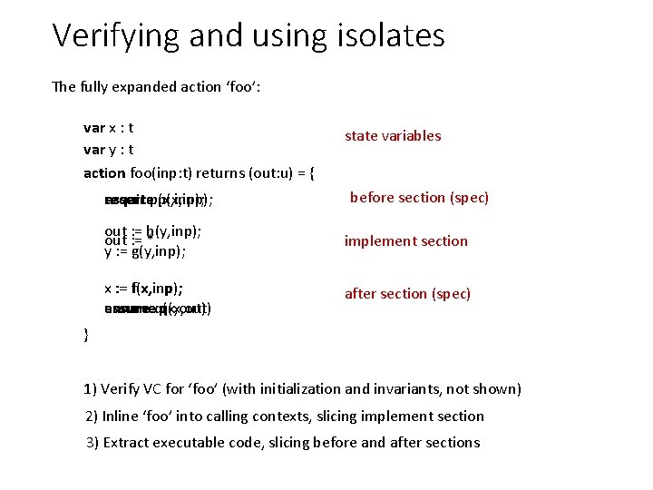 Verifying and using isolates The fully expanded action ‘foo’: var x : t var