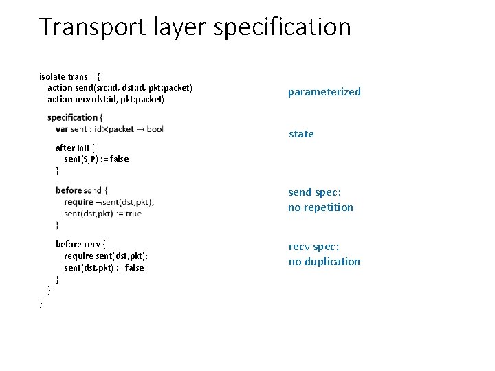Transport layer specification isolate trans = { action send(src: id, dst: id, pkt: packet)