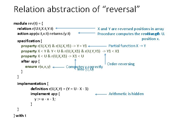 Relation abstraction of “reversal” module rev(t) = { relation r(U: t, X: t, Y: